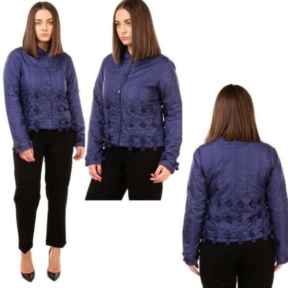 Blue Navy Down Jacket Women Large Packable Western Pom Pom Italy NWT ASPESI $565 - Picture 3 of 14